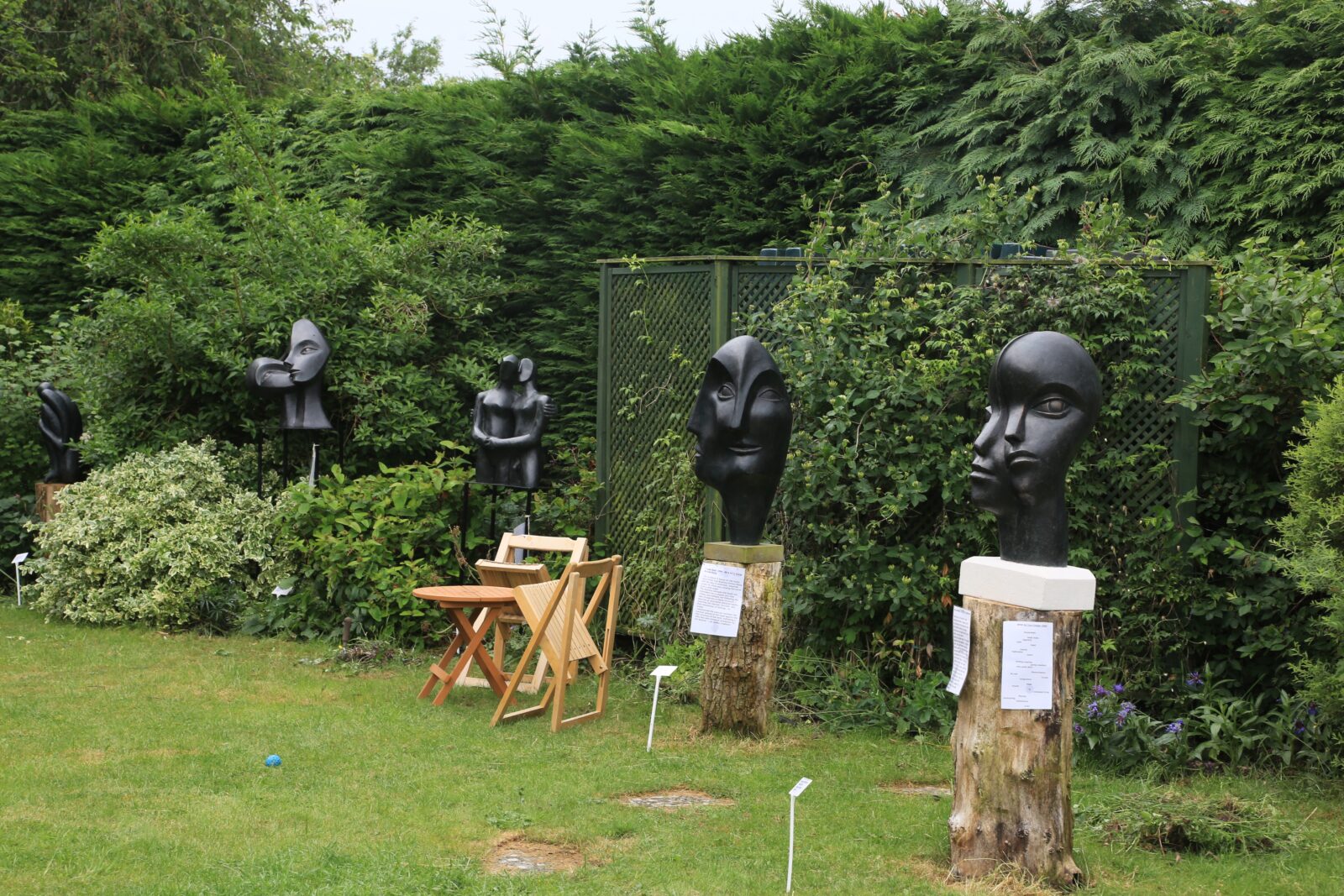 Man and Woman Triple Head Etruscan Couple 1 and Nurturing contemporary sculpture garden in the open studio OAW 2018 near Oxford