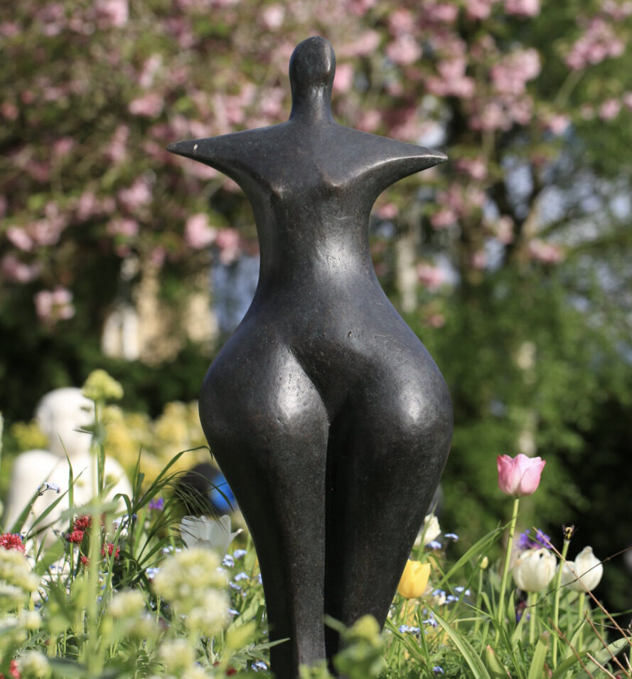 First Woman £2950 Bronze Resin 87 x 32 x 26cm Open Studio OAW 2016 in the sculptor’s garden contemporary bronze sculpture of a figure installed in the garden