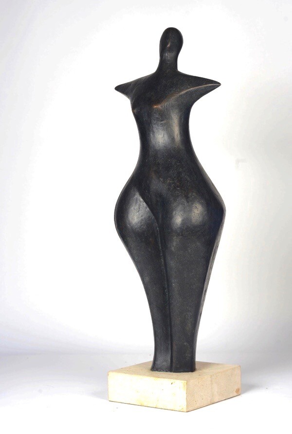 contemporary bronze sculpture of a standing abstract figure for garden or interior design