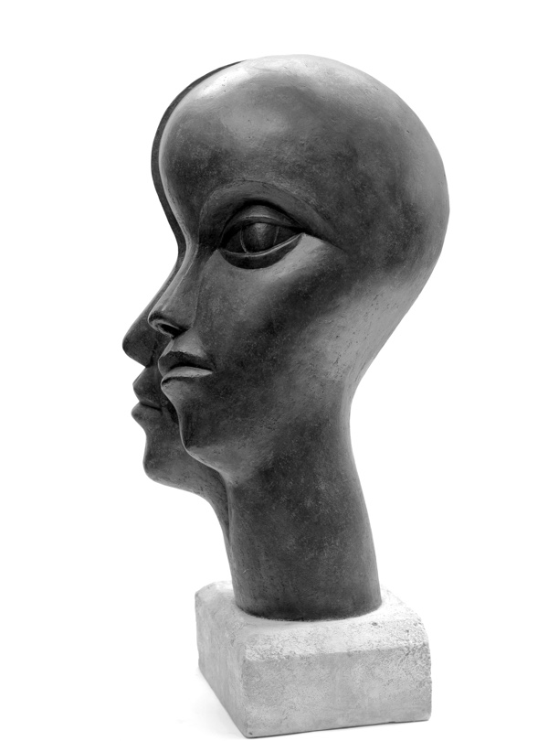 Imaginative and unique bronze garden sculpture of a double head inspired by Picasso with two noses and mouths